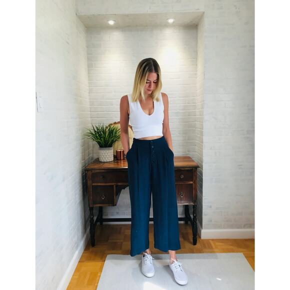 🌟3 for $35🌟 Gentle Fawn High Waisted Pants, Cropped Navy Linen Blend Trousers XS - Picture 1 of 11